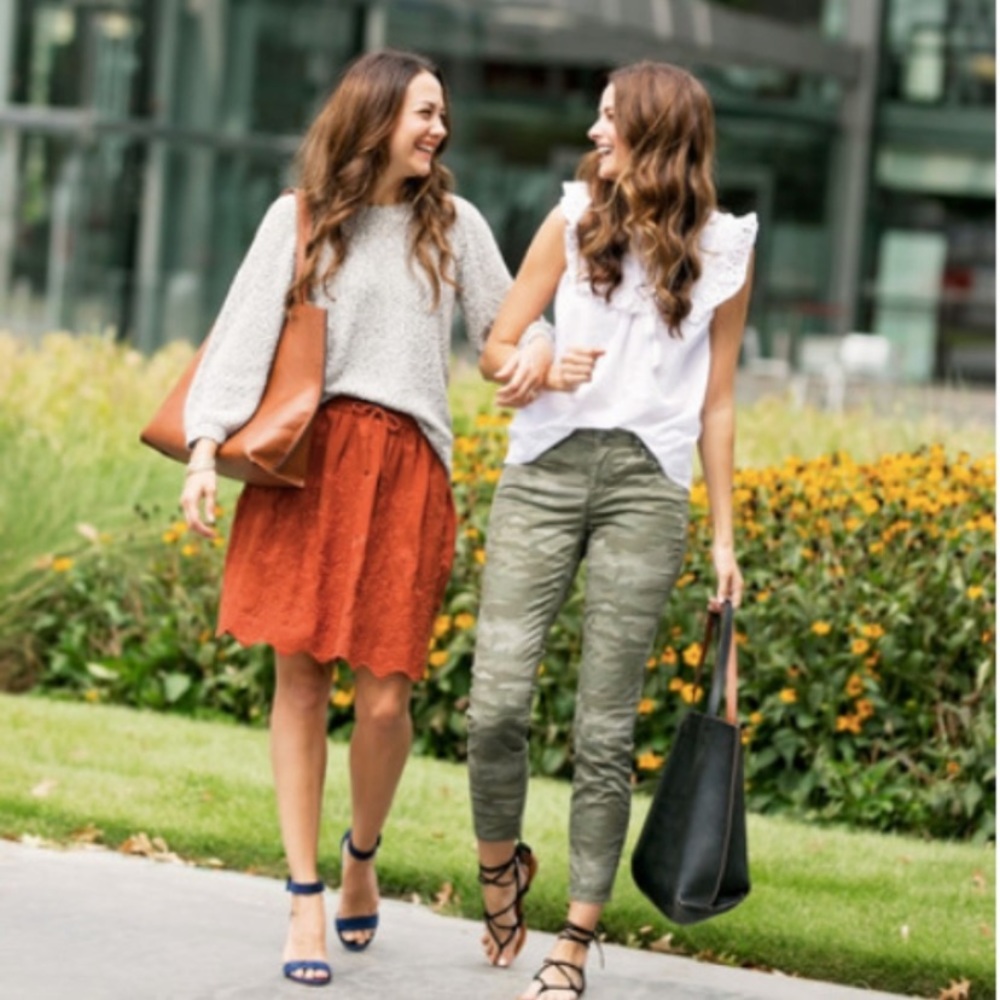 LOFT Burnt Orange Floral Eyelet Drawstring Skirt